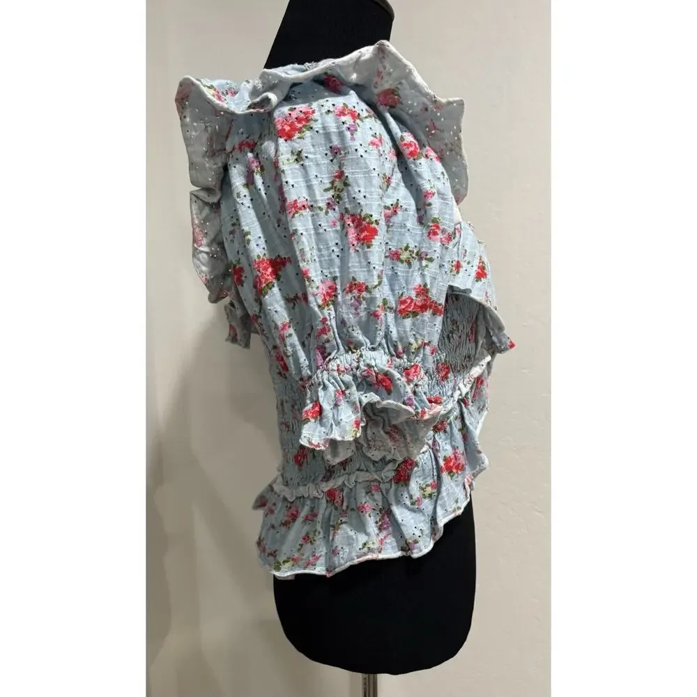 Free People Favorite Girl Ruffle Top Cottage Core Floral Smocked Boho Medium